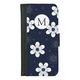 Navy Blue Pretty Floral Monogram iPhone 8/7 Wallet Case