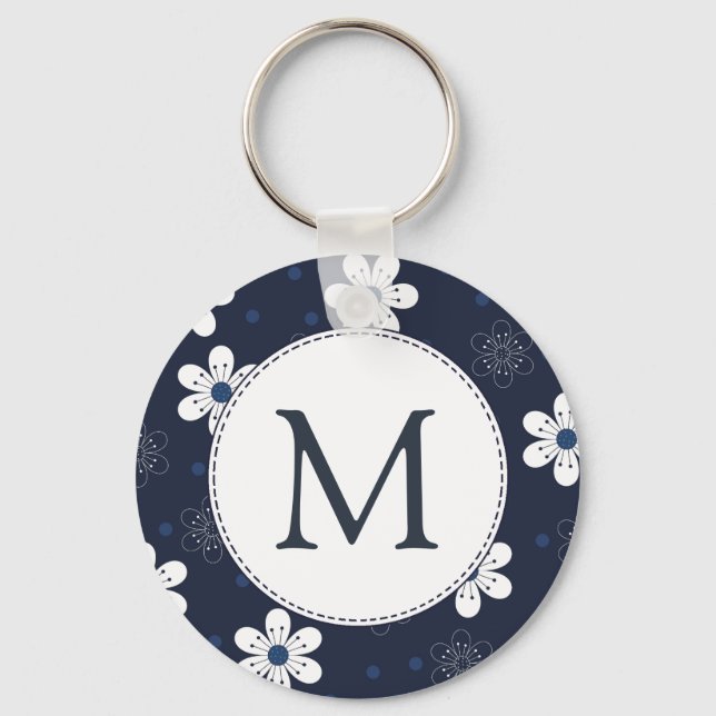 Navy Blue Pretty Floral Monogram Keychain (Front)