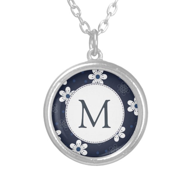 Navy Blue Pretty Floral Monogram Silver Plated Necklace (Front)