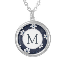 Navy Blue Pretty Floral Monogram Silver Plated Necklace