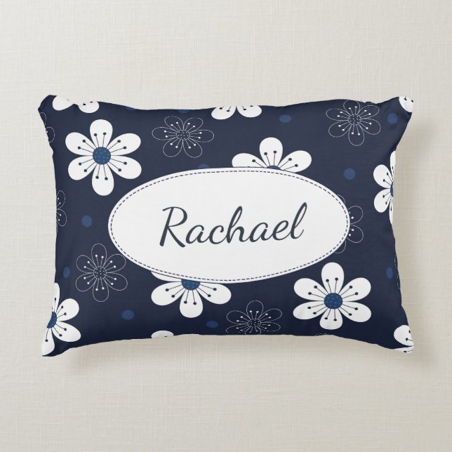 Navy Blue Pretty Floral Personalised Accent Pillow (Front)