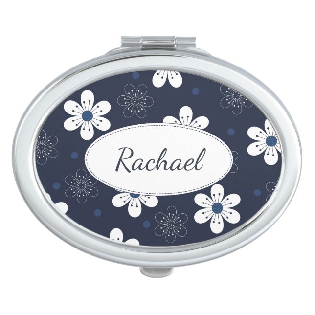 Navy Blue Pretty Floral Personalised Compact Mirror (Front)