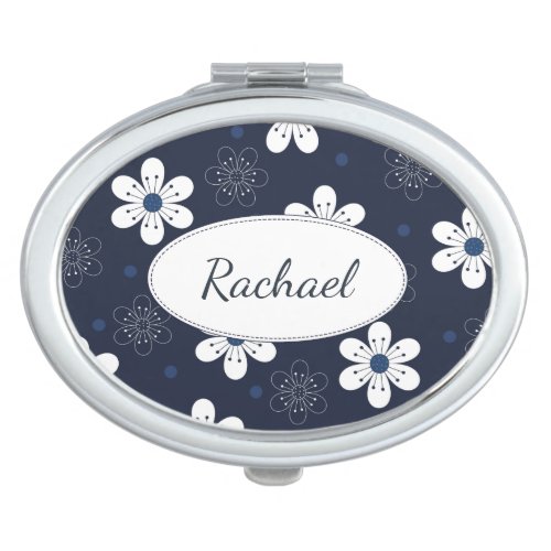 Navy Blue Pretty Floral Personalised Compact Mirror