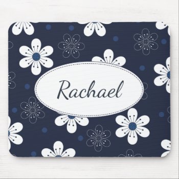 Navy Blue Pretty Floral Personalised Mouse Pad by MissMatching at Zazzle