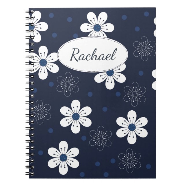 Navy Blue Pretty Floral Personalised Notebook (Front)