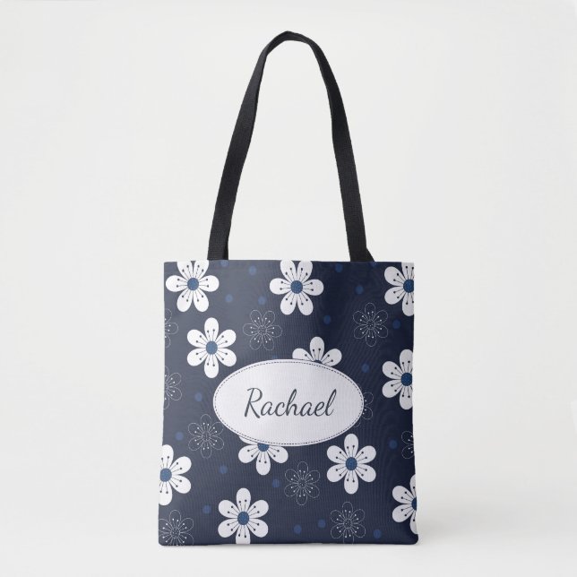Navy Blue Pretty Floral Personalised Tote Bag (Front)
