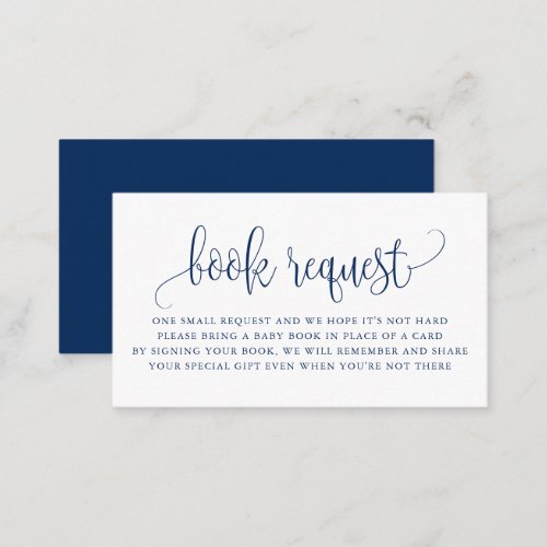 Navy Blue Pretty Script Baby Shower Book Request Business Card