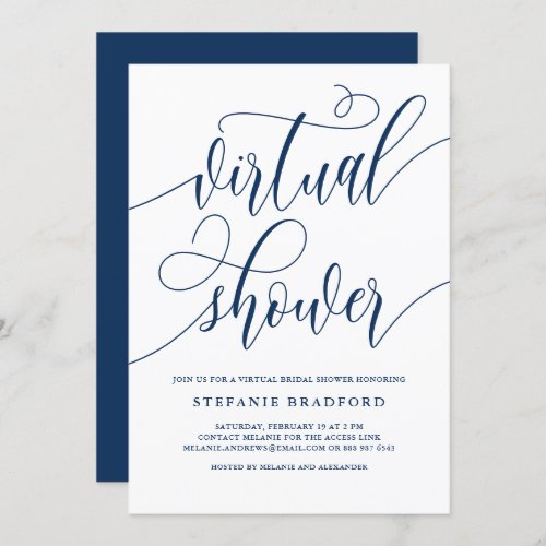 Navy Blue Pretty Script Virtual Bridal Shower Invitation