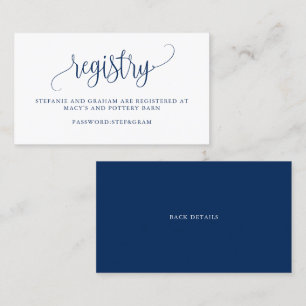 Navy Blue Pretty Script Wedding Gift Registry Business Card