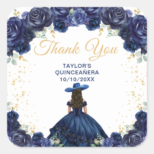 Navy Blue Princess Charro Quinceaera Thank You Square Sticker