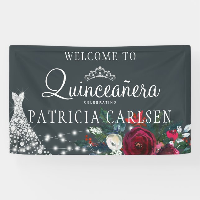 Navy blue princess dress floral quinceanera party banner (Horizontal)