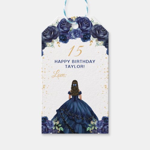 Navy Blue Princess Quinceaera Happy Birthday Gift Tags