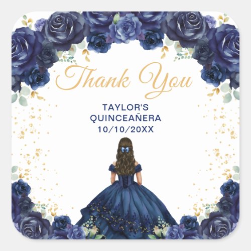 Navy Blue Princess Quinceaera Thank You Square Sticker