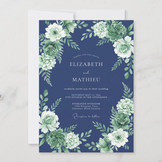 Navy Blue Pristine Succulent Wedding Invitation (Front)