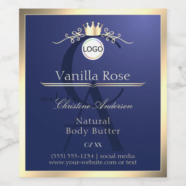 Navy Blue Product Label Gold Frame Logo Monogram (Single Label)