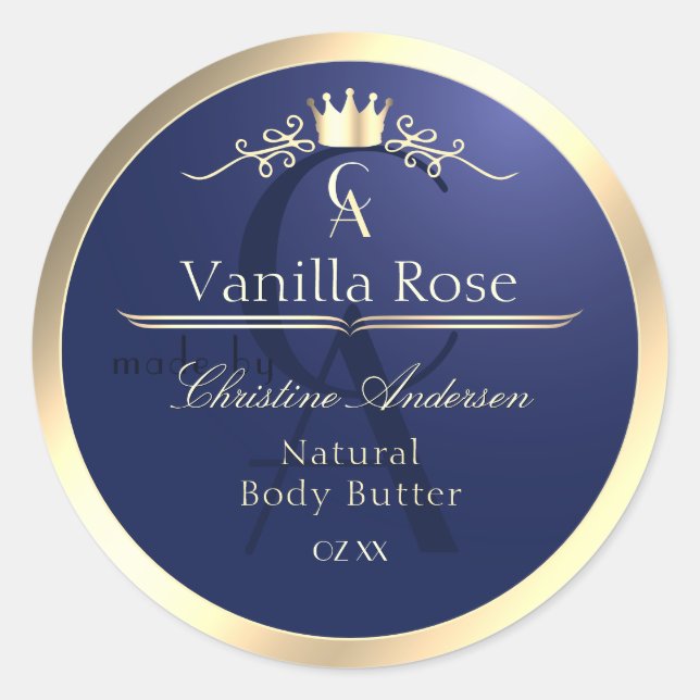 Navy Blue Product Label with Gold Frame Monogram (Front)