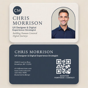 Navy Blue Professional QR Code Photo Business Card