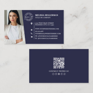 Navy Blue Professional QR Code Photo Logo Business Card