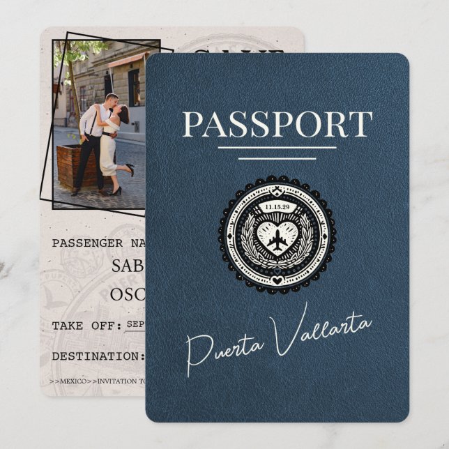 Navy Blue Puerta Vallarta Passport Save The Date (Front/Back)