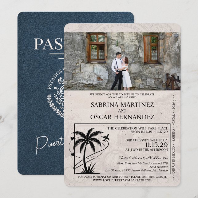 Navy Blue Puerta Vallarta Passport Wedding Invitation (Front/Back)