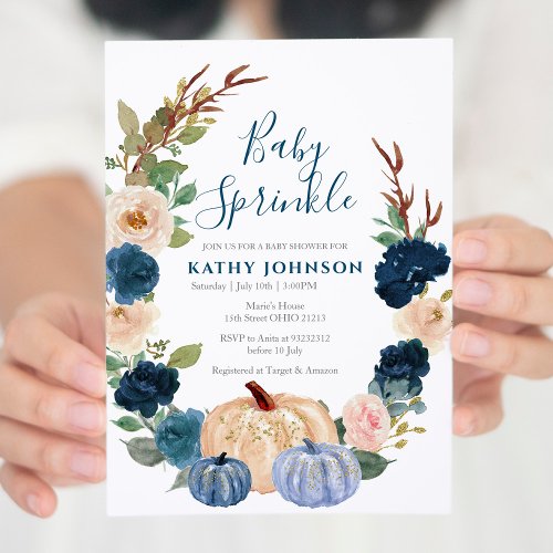 Navy Blue Pumpkin Baby Sprinkle Invitation