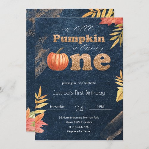 Navy Blue Pumpkin Fall First Birthday Invitation