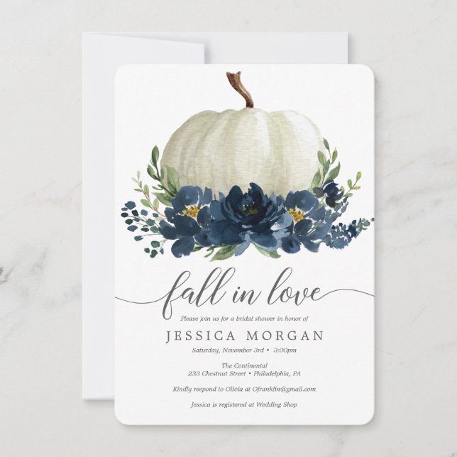 Navy Blue Pumpkin Fall in Love Bridal Shower Invitation