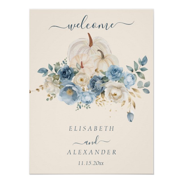 Navy Blue Pumpkin FallinLove Wedding Glossy Poster (Front)