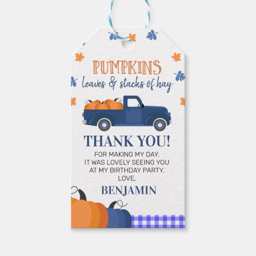 Navy Blue Pumpkin Truck Birthday Thank You Favor Gift Tags