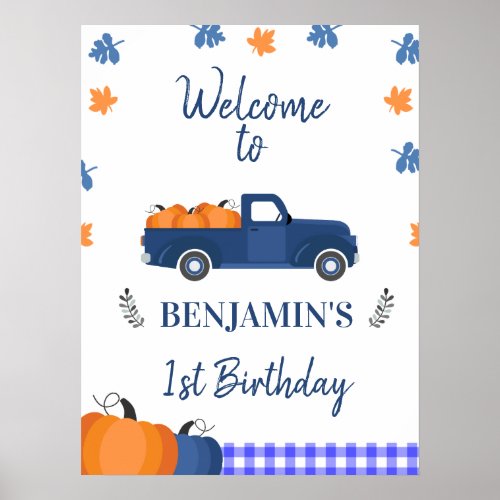 Navy Blue Pumpkin Truck Birthday Welcome Sign