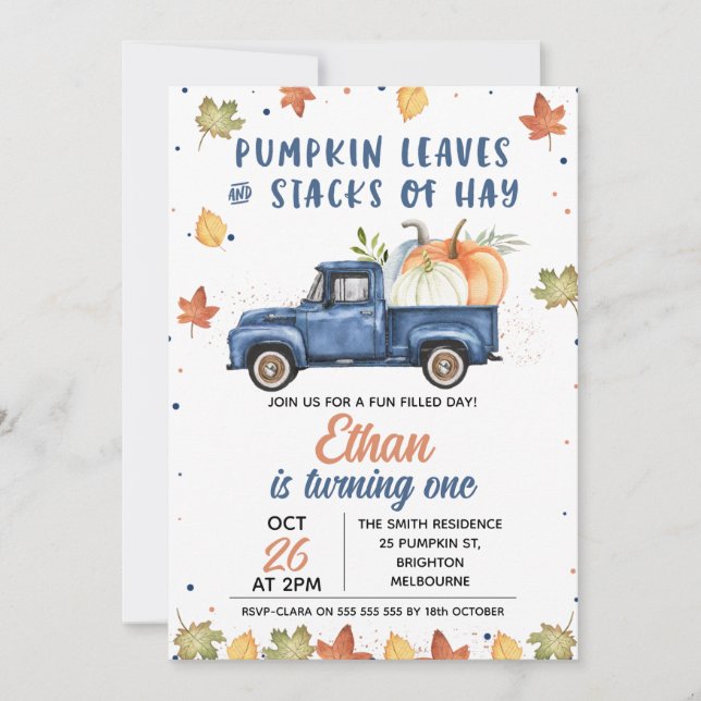 Navy Blue Pumpkin Truck Fall 1st Birthday  Invitation (Front)