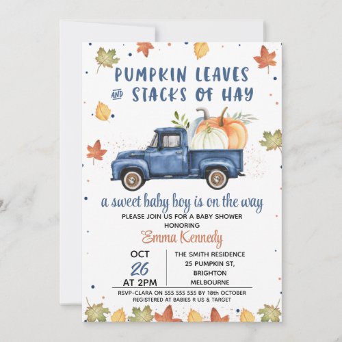 Navy Blue Pumpkin Truck Fall Baby Shower Invitation