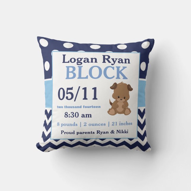 Navy Blue Puppy Baby Announcement Pillow (Front)