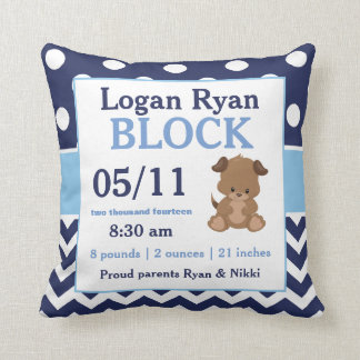 Navy Blue Puppy Baby Announcement Pillow