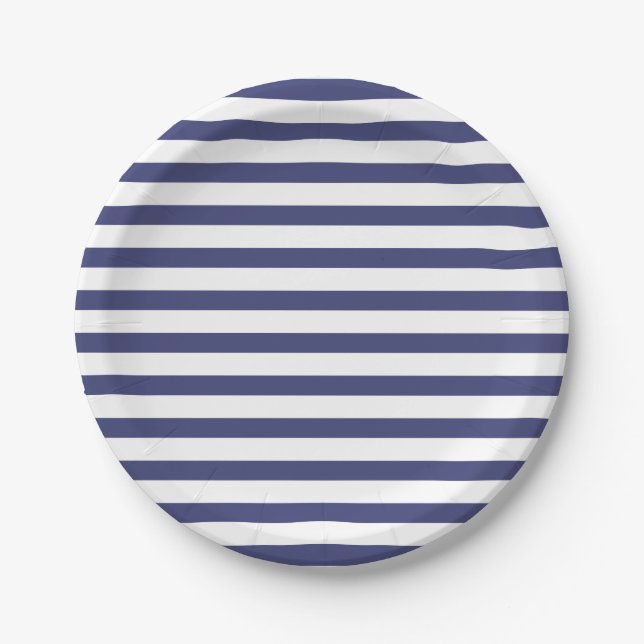 Navy Blue & Pure White Stripes Paper Plates (Front)