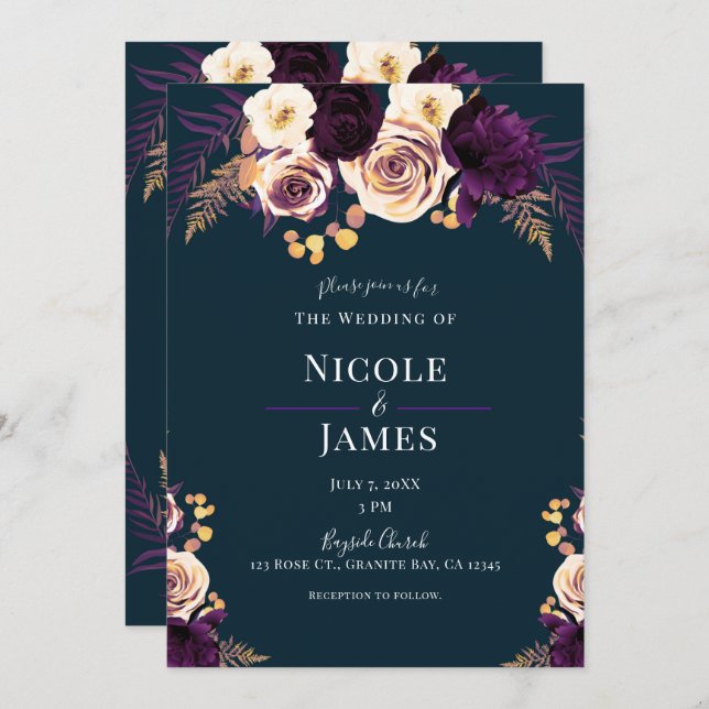 Navy Blue Purple Dark Floral Greenery Wedding Invitation (Front/Back)