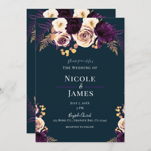 Navy Blue Purple Dark Floral Greenery Wedding Invitation