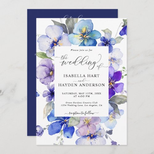 Navy Blue Purple Floral All In 1 QR Code Wedding Invitation