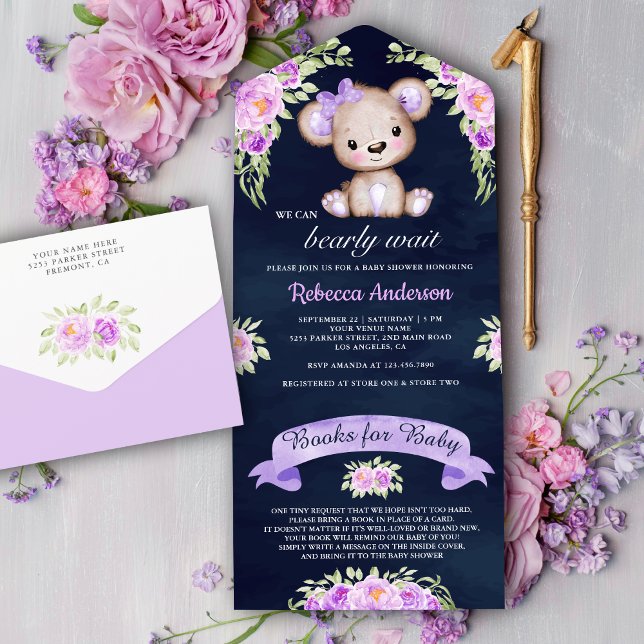 Navy Blue Purple Floral Teddy Bear Baby Shower All In One Invitation (Creator Uploaded)