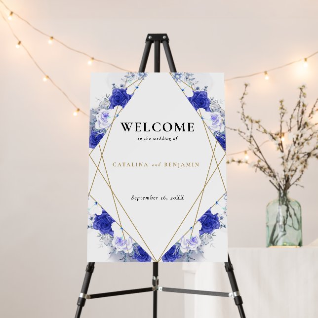 Navy Blue Purple Geometric Wedding Welcome  Foam Board (In Situ (Stand))
