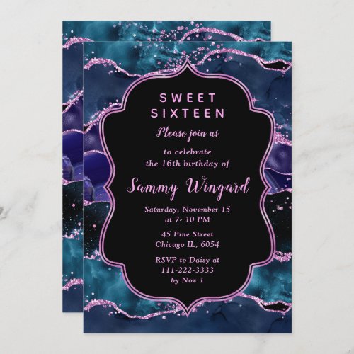 Navy Blue Purple Glitter Ocean Agate Sweet Sixteen Invitation