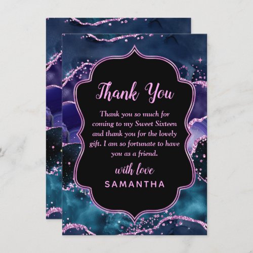 Navy Blue Purple Glitter Ocean Agate Sweet Sixteen Thank You Card