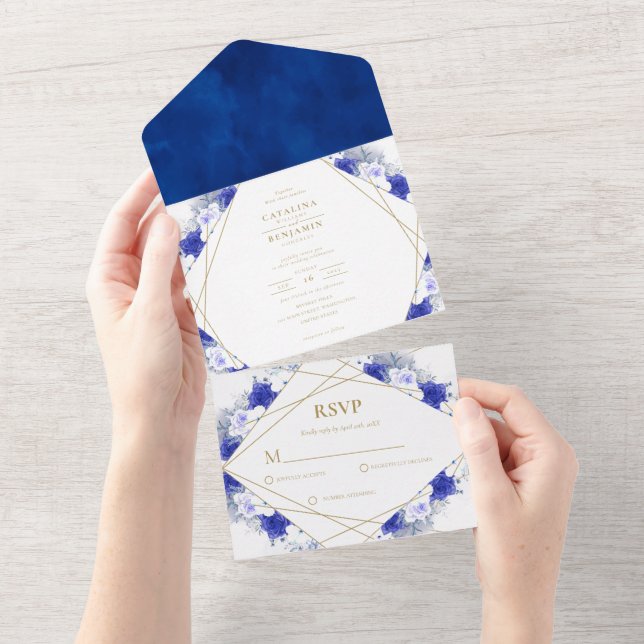 Navy Blue Purple Gold Lettering Geometric Wedding  All In One Invitation (Tearaway)