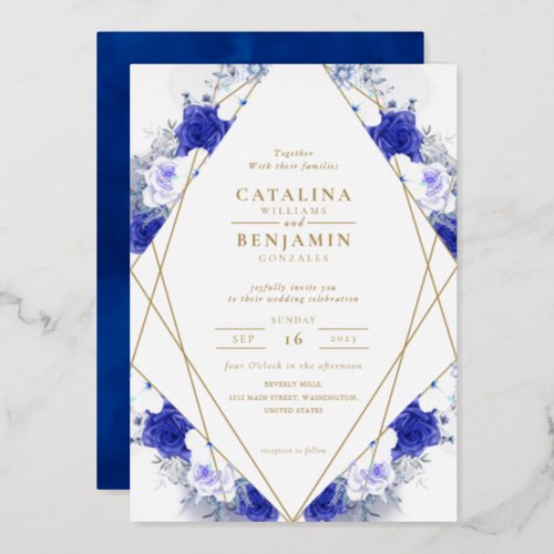 Navy Blue Purple Gold Lettering Geometric Wedding Foil Invitation