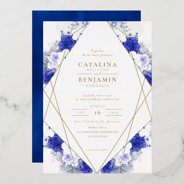Navy Blue Purple Gold Lettering Geometric Wedding Foil Invitation (Front/Back)