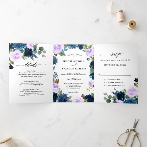 Navy Blue Purple lavender Boho botanical wedding Tri_Fold Announcement