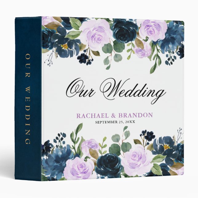 Navy Blue Purple lavender Rose Boho Wedding 3 Ring Binder (Front/Spine)