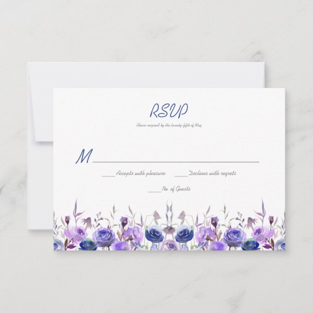 Navy Blue Purple Lavender Watercolor Roses RSVP (Front)