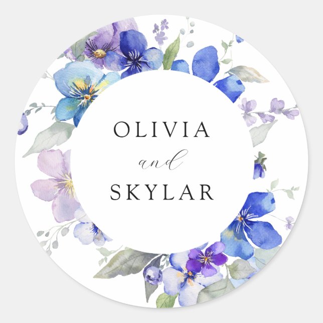 Navy Blue Purple Mauve Pink Flower Wedding Classic Round Sticker (Front)
