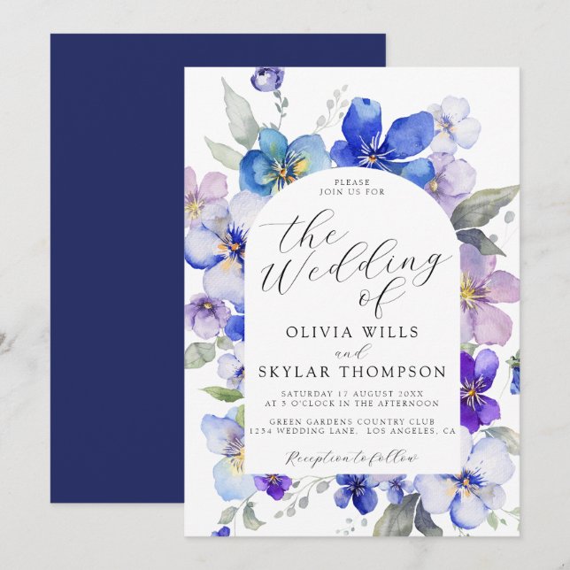 Navy Blue Purple Mauve Pink Flower Wedding Invitation (Front/Back)